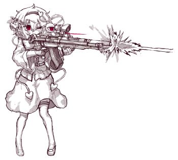 Rule 34 | 1girl, blush, commentary, eyeball, firing, full body, greyscale, gun, hair ornament, hairband, heart, heart hair ornament, highres, holding, holding gun, holding weapon, komeiji satori, korean commentary, long sleeves, monochrome, one eye closed, rampa93, red eyes, rifle, scope, shoes, skirt, sniper rifle, solo, spot color, thighhighs, third eye, touhou, weapon, wide sleeves