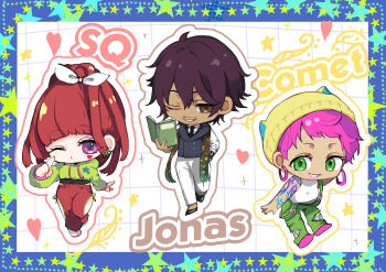 1boy 2girls absurdres arm_at_side arm_tattoo blue_border blue_jacket blunt_bangs blunt_ends book border bow brown_eyes character_name chibi clothing_cutout comet_(gnosia) commentary_request dark-skinned_female dark-skinned_male dark_skin earrings facial_hair facial_mark full_body gnosia green_eyes green_hood green_pants hand_on_own_hip hat heart heart_facial_mark high_ponytail highres holding holding_book hoop_earrings jacket jewelry jonas_(gnosia) koyuuuuuuuuuuu multiple_girls o3o one_eye_closed outline pants pink_hair pointing pointing_at_self ponytail purple_eyes purple_hair red_hair red_pants shirt shoes simple_background sleeveless sleeveless_jacket sleeveless_shirt sq_(gnosia) stubble tattoo thigh_cutout torn_clothes torn_pants white_background white_bow white_pants white_shirt yellow_hat yellow_shoes