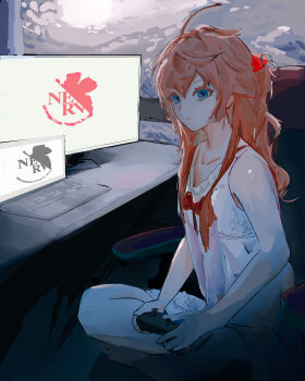 1girl :< absurdres artist_request bare_legs bare_shoulders barefoot breasts brown_hair chemise cleavage computer crossed_legs highres indoors interface_headset_(evangelion) laptop logo long_hair looking_at_viewer monitor neon_genesis_evangelion no_bra playing_games shiny_skin sitting solo souryuu_asuka_langley standing two_side_up white_chemise wide_hips