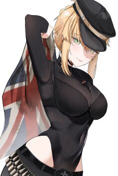 Rule 34 | absurdres, alternate breast size (larger), artoria pendragon (fate), black hat, black leotard, blonde hair, blue eyes, breasts, fate (series), hat, highleg, highleg leotard, highres, jewelry, leotard, medium breasts, saber (fate), salsa dance, union jack