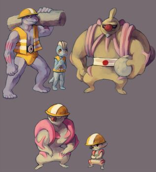 10s clothed_pokemon conkeldurr creature fangs full_body gen_1_pokemon gen_5_pokemon glitchedpuppet gurdurr hat helmet highres machoke machop nintendo no_humans pmd-explorers pokemon pokemon_(creature) pokemon_bw pokemon_mystery_dungeon reverse_trap simple_background timburr