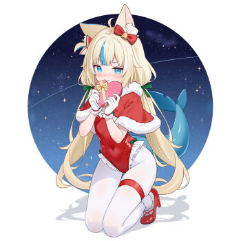 1girl :3 ahoge alternate_costume animal_ear_fluff animal_ears blonde_hair blue_eyes blue_hair bow box box_of_chocolates capelet cat_ears closed_mouth commentary covered_navel fins fish_girl fish_tail flat_chest gloves green_ribbon heart-shaped_box highres hitsukuya holding holding_box indie_virtual_youtuber leotard long_hair looking_at_viewer multicolored_hair pantyhose red_bow red_capelet red_leotard red_shoes ribbon sameko_saba shoes sitting smile solo symbol-only_commentary tail virtual_youtuber white_gloves white_pantyhose