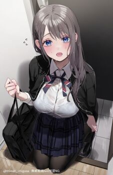 Rule 34 | 1girl, bag, black bag, black pantyhose, black shoes, blue eyes, blue skirt, blush, bra visible through clothes, breasts, cardigan on shoulders, chigusa minori, collared shirt, commentary request, dress shirt, grey hair, hair ornament, hairclip, highres, large breasts, long hair, looking at viewer, open mouth, pantyhose, plaid clothes, plaid skirt, pleated skirt, saotome shino (shino to ren), school bag, school uniform, shino to ren, shirt, shoes, sidelocks, skirt, solo, wet, white shirt