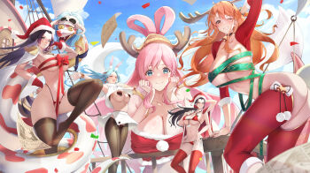 5girls animal_ears antlers ass bikini black_hair black_pantyhose black_thighhighs blue_eyes blue_hair blue_sky boa_hancock breasts christmas cleavage commentary crotchless crotchless_pantyhose earrings english_commentary extra_arms fake_animal_ears fake_antlers front-tie_bikini_top front-tie_top fur-trimmed_headwear fur_trim gainoob gloves hat heart_maebari heart_pasties highres horns jewelry large_breasts long_hair looking_at_viewer maebari mermaid monster_girl multiple_girls nami_(one_piece) nefertari_vivi nico_robin one_piece orange_hair outdoors pantyhose pasties pink_hair rabbit_ears red_bikini red_gloves red_hat red_pantyhose red_ribbon red_shrug red_thighhighs reindeer_antlers ribbon salome_(one_piece) santa_bikini santa_costume santa_hat shirahoshi shrug_(clothing) signature sky smile snake snake_earrings swimsuit thighhighs thousand_sunny topless_female wanted_poster