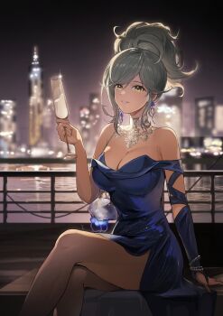 1girl absurdres backlighting bare_shoulders blue_bridal_gauntlets blue_dress blurry blurry_background breasts bridal_gauntlets building champagne_flute city_lights cleavage crossed_legs cup dress drinking_glass eternity_(reverse:1999) evening_gown feet_out_of_frame grey_hair grin hand_up high_ponytail highres holding holding_cup jellyfish_earrings large_breasts long_dress looking_at_viewer milk multicolored_hair outdoors pingfan_de_mao ponytail railing reverse:1999 side_slit silver_choker single_bare_arm single_bridal_gauntlet sitting skyline skyscraper sleeveless sleeveless_dress smile solo yellow_eyes