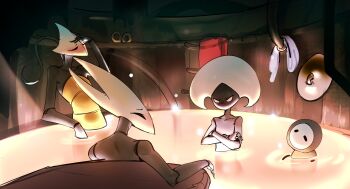 1boy 3girls absurdres arthropod_girl austinarts bathing binoculars blush cloak crossed_arms cymbals hat highres hollow_knight hollow_knight:_silksong hornet_(hollow_knight) instrument lace_(hollow_knight) ladder multiple_girls red_cloak shakra_(hollow_knight) shared_bathing sherma_(hollow_knight) towel white_mask