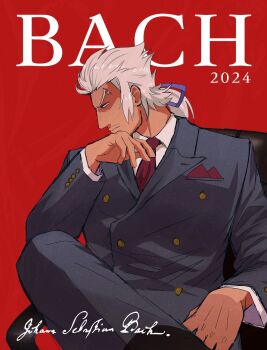 Rule 34 | 1boy, 2024, absurdres, aquiline nose, blue ribbon, catovyen, chair, character name, classicaloid, closed mouth, commentary, english commentary, facial hair, grey hair, grey jacket, grey pants, hair ribbon, highres, jacket, johann sebastian bach (classicaloid), long sleeves, male focus, mature male, mustache stubble, necktie, nose, on chair, pants, red necktie, ribbon, sitting, solo, stubble, tan