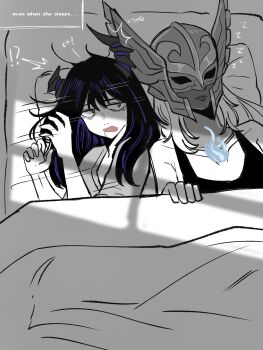 Rule 34 | asymmetrical horns, bed, black hair, blue fire, blue hair, colored inner hair, commentary, demon horns, elizabeth rose bloodflame, english commentary, fire, helmet, highres, hololive, hololive english, horns, jasper xandros, long hair, multicolored hair, multiple girls, nerissa ravencroft, two-tone hair, under covers, uneven horns, very long hair, virtual youtuber, waking up, winged helmet