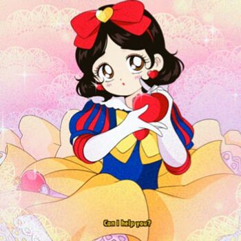1990s_(style) :o adapted_costume animification apple bad_id bad_twitter_id bishoujo_senshi_sailor_moon blue_shirt bow bow_hairband bowtie bright_pupils brooch brown_eyes circle_skirt commentary dot_nose earrings elbow_gloves english_commentary english_text expressionless eyelashes fake_screenshot faux_retro_artstyle film_grain floating_clothes food fruit gloves hair_ornament hairband heart heart_brooch heart_earrings heart_hair_ornament holding holding_food holding_fruit honeymoonpetal jewelry lace lace-trimmed_skirt lace_background lace_trim large_bow light_blush lipstick long_skirt looking_at_viewer magical_girl makeup parody parted_lips pink_background pleated_skirt puffy_short_sleeves puffy_sleeves red_bow red_hairband red_lips retro_artstyle sailor_collar shirt short_sleeves skirt snow_white_(disney) snow_white_and_the_seven_dwarfs_(disney) sparkle style_parody tareme vertical-striped_sleeves wand white_gloves white_pupils white_sailor_collar yellow_bow yellow_bowtie yellow_skirt