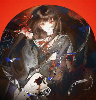 1girl arm_cutout black_choker black_hair black_shirt black_skirt chisa_(wuthering_waves) choker clothing_cutout commentary hair_ribbon long_hair looking_at_viewer mole neckerchief red_eyes red_neckerchief red_ribbon ribbon sailor_collar sbgpand school_uniform serafuku shirt skirt solo symbol-only_commentary white_sailor_collar wuthering_waves