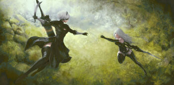 2b_(nier:automata) 2girls a2_(nier:automata) absurdres android back_cutout battle black_dress black_gloves black_hairband black_thighhighs blindfold blue_eyes boots clothing_cutout covered_eyes dress elbow_gloves feather-trimmed_sleeves feather_trim fighting_stance gloves hairband highres holding holding_sword holding_weapon long_hair multiple_girls nier:automata nier_(series) roiven short_hair sword thighhighs thighhighs_under_boots virtuous_contract weapon white_hair