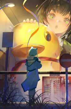 2girls :o absurdres animal_ears arknights bottle cat_ears chinese_commentary coat commentary_request facing_away giant giantess grass green_eyes green_hair highres kal'tsit_(arknights) lamppost light_particles looking_at_another mon3tr_(arknights) multiple_girls night outdoors oversized_object railing road_sign rubber_duck short_hair sign sky standing stop_sign tabayashi vending_machine white_coat