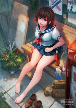 1girl antilous bag bare_legs barefoot bench blouse blue_eyes blue_sailor_collar blue_skirt bottle breasts brown_hair brown_shoes coca-cola coke_bottle commentary day dollar_sign drinking_straw feet female_focus full_body highres large_breasts lips loafers looking_at_viewer medium_breasts menu menu_board miniskirt neckerchief original outdoors parted_lips plant pleated_skirt potted_plant price red_neckerchief refrigerator sailor_collar school_bag school_uniform serafuku shirt shoes short_hair short_sleeves sitting skirt soda_bottle solo stuffed_animal stuffed_toy sunlight taylor_swift teddy_bear unworn_shoes vending_machine watermark web_address white_shirt