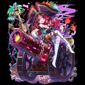 1girl anchor bare_shoulders belt black_background black_bow blush boots bottle bow breasts brick_floor brown_belt cannon chain cleavage crossed_legs dress drill_hair fire full_body gloves green_dress hand_in_own_hair hat heart highres large_breasts long_hair merc_storia merc_storia_art_team neck_ribbon off-shoulder_dress off_shoulder official_art open_mouth parted_bangs pink_eyes purple_hat purple_ribbon red_hair ribbon sidelocks simple_background sitting solo tachi-e thigh_belt thigh_boots thigh_strap very_long_hair vilbell_(merc_storia) white_boots white_gloves wine_bottle