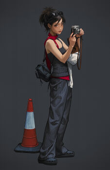 1girl absurdres bag black_pants black_shirt brown_eyes camera crocs eyewear_on_head grey_background highres lipstick looking_at_viewer makeup original pants red_scarf scarf shirt short_hair shoulder_bag simple_background solo standing striped_clothes sunglasses traffic_cone undershirt wang-xi