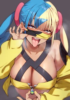 1girl absurdres armpit_crease bandeau blonde_hair blue_eyes blue_hair blush breasts breath canari_(pokemon) cleavage cropped_jacket dark-skinned_female dark_skin grey_background highres jacket large_breasts mask mask_lift momihige mouth_mask multicolored_hair nail_polish nintendo open_mouth pokemon pokemon_legends:_z-a simple_background solo split-color_hair tongue tongue_out twintails yellow_bandeau yellow_jacket zipper_pull_tab
