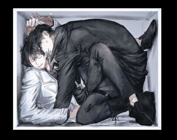 2boys anger_vein angry averting_eyes black_border black_coat black_hair black_shirt boots border box closed_eyes coat commentary cuddling elbow_rest full_body highres kim_dokja knee_up male_focus multiple_boys omniscient_reader&#039;s_viewpoint open_clothes open_coat open_mouth popped_collar shirt short_hair symbol-only_commentary toupou39 trapped white_coat yoo_joonghyuk