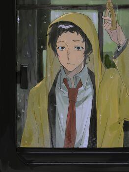 Rule 34 | 1boy, absurdres, adachi tooru, black eyes, black hair, black jacket, closed mouth, coat, collared shirt, feitian yimian shen jiao wan sui, highres, hood, hood up, jacket, long sleeves, looking outside, male focus, messy hair, necktie, persona, persona 4, rain, red necktie, shirt, short hair, solo, train, white shirt, yellow coat