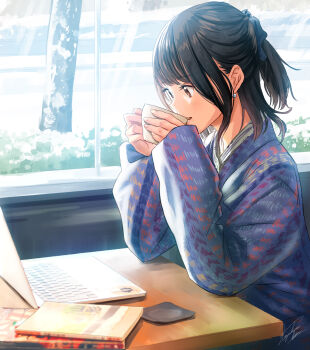 1girl black_eyes black_hair blue_shirt book coaster commentary_request computer cup day drinking earrings from_side hair_ornament hair_scrunchie half_updo hands_up highres holding holding_cup indoors jewelry kazuharu_kina laptop long_sleeves original parted_lips pile_of_books scrunchie shirt short_hair sidelocks slice_of_life solo window