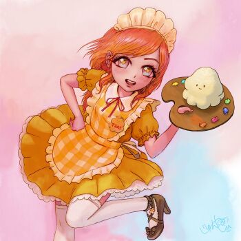 1girl anklet apron blue_eyes bow commentary_request dress footwear_bow hand_on_own_hip heart heart-shaped_pupils high_heels highres holding holding_paint_palette holding_paint_palette jewelry junya17live large_variant_set maid maid_headdress medium_dress medium_hair multicolored_eyes name_tag open_mouth orange_apron orange_dress orange_hair original paint_palette paint_palette plaid_apron plaid_clothes puffy_short_sleeves puffy_sleeves purple_eyes short_sleeves signature smile solo squid standing standing_on_one_leg symbol-shaped_pupils symbol_in_eye thighhighs variant_set white_thighhighs