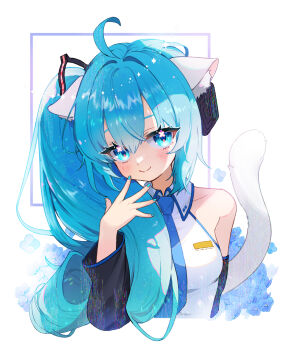 1girl absurdres ahoge alternate_hairstyle animal_ear_fluff animal_ears aqua_eyes aqua_hair aqua_nails aqua_necktie aqua_trim arm_behind_back bare_shoulders black_sleeves blush breasts cat_ears cat_girl cat_tail closed_mouth collarbone collared_shirt detached_sleeves hair_between_eyes hair_ornament hair_over_shoulder hand_up hatsune_miku hatsune_miku_(noodle_stopper) headphones highres hovaku long_hair long_sleeves looking_at_viewer medium_breasts meme necktie shirt side_ponytail sidetail_miku_noodle_stopper_(meme) simple_background sleeveless sleeveless_shirt smile solo tail upper_body very_long_hair vocaloid white_background white_shirt wide_sleeves