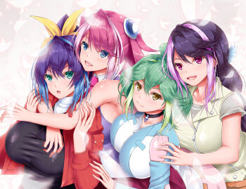 4girls bare_shoulders blue_eyes blue_hair bracelet_girls breasts calcio green_eyes green_hair highres hiiragi_yuzu hug hug_from_behind huge_breasts kurosaki_ruri large_breasts long_hair multicolored_hair multiple_girls open_mouth pink_hair ponytail purple_eyes purple_hair quadruplets rin_(yu-gi-oh!) serena_(yu-gi-oh!) siblings sisters smile yellow_eyes yu-gi-oh! yu-gi-oh!_arc-v yuri