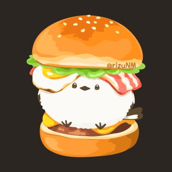 animal animal_focus artist_name bacon bird black_background bread bread_bun burger cheese commentary_request food food_focus fried_egg in_food lettuce meat no_humans original rizu_(rizunm) sesame_seeds