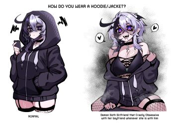 Rule 34 | 1girl, absurdres, bare shoulders, black choker, black hair, breasts, cellphone, choker, cleavage, closed mouth, commentary, crop top, double-parted bangs, drooling, english commentary, english text, fang, fishnet thighhighs, fishnets, garter straps, goth fashion, hair between eyes, hand in pocket, heart, highres, holding, holding phone, hood, hood down, hood up, hooded jacket, jacket, jacket partially removed, large breasts, looking at viewer, medium hair, multicolored hair, multiple views, open mouth, original, osiimi, phone, pointy ears, purple eyes, purple hair, saliva, sidelocks, single hair intake, smartphone, smile, spoken heart, squiggle, symbol-shaped pupils, thighhighs, two-tone hair, white background