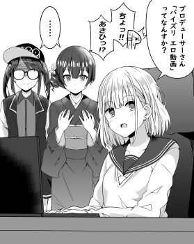 1boy 3girls absurdres baseball_cap bob_cut breast_envy computer glasses greyscale hair_bun hat highres idolmaster idolmaster_shiny_colors jacket japanese_clothes kimono kuromiya_sakana laptop long_hair mitsumine_yuika monochrome morino_rinze multicolored_jacket multiple_girls p-head_producer producer_(idolmaster) serizawa_asahi shaded_face short_hair single_side_bun translated twintails two-tone_jacket