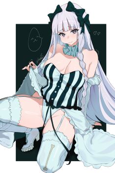 Rule 34 | 1girl, absurdres, arm support, black bow, bow, breasts, cleavage, clothes lift, commentary, corset, fate/strange fake, fate (series), francesca prelati (fate), hair bow, harutoyumaarts, highres, kneeling, leotard, long hair, looking at viewer, showgirl skirt, skirt, skirt lift, solo, speech bubble, thigh strap, thighhighs, thighs, white hair, white leotard, white skirt, white thighhighs