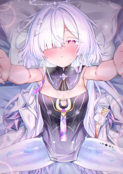 1girl black_dress blush breasts commentary_request detached_collar dress earrings gmkj hair_ornament hair_over_one_eye halo head_on_pillow highres jewelry large_variant_set long_hair looking_at_viewer lying mornye_(wuthering_waves) on_back parted_lips pillow purple_eyes purple_halo reaching reaching_towards_viewer see-through_body small_breasts solo spread_legs tacet_mark_(wuthering_waves) thick_eyelashes triangle_hair_ornament variant_set white_hair wuthering_waves