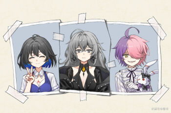 3girls :d ahoge benghuai_xueyuan black_dress blue_eyes blue_vest bronya_zaychik chest_tattoo closed_eyes commentary_request doll dress du_shi earrings facing_viewer frilled_shirt frills gloves grey_eyes grey_hair grin hair_over_one_eye honkai_(series) jewelry long_sleeves looking_at_viewer multicolored_hair multiple_girls open_mouth photo_(object) pink_hair purple_hair seele_vollerei seele_vollerei_(azure_memories) seele_vollerei_(swallowtail_phantasm) sharp_teeth shirt sin_mal smile tattoo teeth two-tone_hair v vest white_gloves white_shirt yellow_eyes