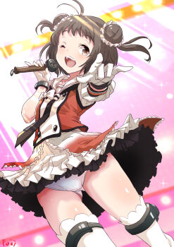 Rule 34 | 1girl, antenna hair, black neckerchief, brown eyes, brown hair, buttons, double-breasted, double bun, foreshortening, frilled skirt, frills, fuji (pixiv24804665), gloves, hair bun, highres, idol, kantai collection, microphone, music, naka (kancolle), naka kai ni (kancolle), neckerchief, one eye closed, panties, pantyshot, sailor collar, school uniform, serafuku, short hair, singing, skirt, smile, solo, thighhighs, twintails, underwear, white gloves, white panties, white sailor collar, white skirt, white thighhighs