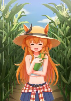 Rule 34 | 1girl, :d, animal ears, belt, blue skirt, bow, brown ribbon, buckle, checkered clothes, checkered shirt, clothes around waist, cloud, commentary, corn, corn field, cowboy shot, day, ear ribbon, facing viewer, flat chest, hat, heart, heart-shaped buckle, highres, holding, holding corn, horse ears, horse girl, long hair, mayano top gun (umamusume), mikmik123, navel, open mouth, orange hair, outdoors, pleated skirt, ribbon, shirt, shirt around waist, skirt, smile, soil, solo, sun hat, tank top, teeth, two side up, umamusume, upper teeth only, white tank top