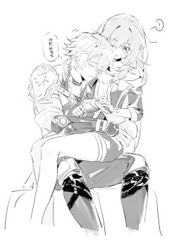Rule 34 | !, 1boy, 1girl, absurdres, annann nna, arms around waist, blush, closed eyes, closed mouth, commentary request, couple, gloves, greyscale, hair between eyes, hair intakes, hair over one eye, hetero, highres, honkai: star rail, honkai (series), monochrome, nuzzle, parted bangs, phainon (honkai: star rail), sitting, sitting on lap, sitting on person, speech bubble, stelle (honkai: star rail), thought bubble, trailblazer (honkai: star rail), white background