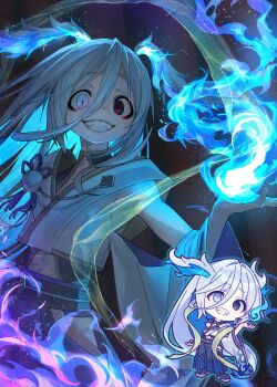 1girl absurdres black_eyes blue_eyes blue_fire blue_hair chibi chibi_inset commentary_request cowboy_shot crazy_grin crazy_smile double-parted_bangs fire grin hair_between_eyes heterochromia highres japanese_clothes kimono long_hair looking_at_viewer multiple_views okubatomaeba original purple_fire pyrokinesis sleeveless sleeveless_kimono smile white_kimono wide-eyed wide_sleeves