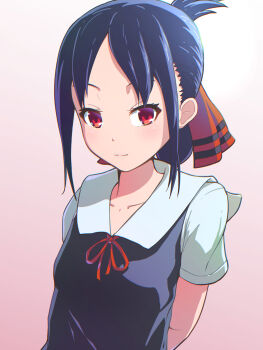Rule 34 | 1girl, arms behind back, black dress, black hair, blush, breasts, collarbone, dress, folded ponytail, gradient background, hair ribbon, kaguya-sama wa kokurasetai ~tensai-tachi no renai zunousen~, kusashige, looking at viewer, neck ribbon, pink background, ponytail, red eyes, red ribbon, ribbon, school uniform, shinomiya kaguya, shirt, short sleeves, sidelocks, sleeveless, sleeveless dress, small breasts, smile, standing, upper body, white shirt