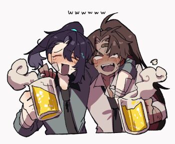 2boys bandaid bandaid_on_face bandaid_on_forehead black_hair black_necktie blush brown_hair collared_shirt commentary_request crying cup drunk full-stop_office_(identity)_(project_moon) heathcliff_(project_moon) high_ponytail highres holding holding_cup hong_lu_(project_moon) laughing limbus_company long_hair multiple_boys nantekottawo!! necktie open_mouth ponytail project_moon shirt simple_background smile sparkle spoken_www very_long_hair white_background white_shirt