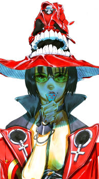 1girl absurdres black_choker black_hair black_wrist_cuffs breasts choker commentary_request cross green-tinted_eyewear guilty_gear guilty_gear_strive hand_up hat high_collar highres holding holding_plectrum i-no jacket lips looking_at_viewer mole mole_above_mouth plectrum portrait red_hat red_jacket shade short_hair simple_background solo storyteller777 straight-on sunglasses tinted_eyewear white_background witch_hat wrist_cuffs