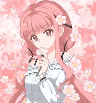 Rule 34 | 1girl, arm cutout, bare shoulders, black ribbon, bra strap, brown eyes, brown pupils, buttons, center frills, cherry blossoms, chinese commentary, closed mouth, clothing cutout, collarbone, commentary request, dot nose, eyelashes, floral background, flower, flower-shaped pupils, flower to mouth, frilled shirt, frilled sleeves, frills, hair flower, hair ornament, hair ribbon, happy, highres, holding, holding flower, infinity nikki, light blush, long hair, long sidelocks, long sleeves, looking at viewer, low twintails, nikki (nikki), nikki (series), off-shoulder shirt, off shoulder, perfect start (infinity nikki), pink background, pink flower, pink hair, puffy long sleeves, puffy sleeves, ribbon, sanjiaofantuan35435, shirt, sidelocks, smile, snowflakes, solo, symbol-shaped pupils, tress ribbon, twintails, upper body, very long hair, wavy hair, white shirt