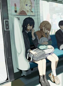 Rule 34 | 4girls, absurdres, antenna hair, art program in frame, backpack, bag, bag on lap, black bag, black hair, black ribbon, black shirt, blonde hair, braid, closed eyes, coat, collared shirt, contrast collar, cosmetic (gakuen idolmaster), cosmetics, fujita kotone, gakuen idolmaster, green jacket, grey coat, hair ribbon, highres, ibuki (ibuki0118), idolmaster, jacket, juo sena, katsuragi lilja, lipstick tube, low twin braids, multiple girls, open clothes, open coat, open jacket, open mouth, purple jacket, ribbon, school bag, shirt, shiun sumika, sitting, sleeping, socks, train interior, tsukimura temari, twin braids, white bag, white socks, yawning, yellow shirt