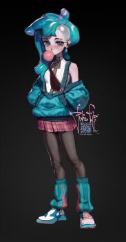 Rule 34 | 1girl, absurdres, artist name, black pantyhose, breasts, chewing gum, commentary, earrings, english commentary, green hair, green sweater, highres, jewelry, long hair, long sleeves, miniskirt, off shoulder, original, pantyhose, pita-potato, pleated skirt, qr code, red skirt, shirt, shoes, single bare shoulder, skirt, small breasts, solo, standing, sweater, white shirt, white shoes