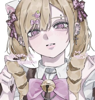 1girl aegyo_sal animal_ear_piercing animal_ears bell blonde_hair bow caru_c1 cat_ears commentary cross cross_earrings ear_piercing earrings english_commentary eyebrow_piercing face_piercing gyaru hair_between_eyes hair_bow hair_ornament hairclip hand_in_own_hair highres jewelry jingle_bell long_hair looking_at_viewer nail_polish original parted_lips piercing pink_bow pink_eyes portrait simple_background solo twintails white_background