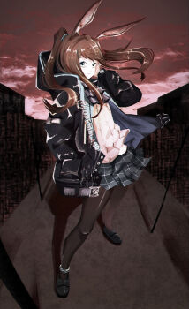 1girl amiya_(arknights) animal_ears anklet arknights ascot black_jacket black_pantyhose black_shoes blue_eyes brown_hair closed_mouth clothes_writing cloud cloudy_sky commentary_request full_body hand_in_pocket highres hood hood_down hooded_jacket jacket jewelry loafers long_hair long_sleeves looking_at_viewer miniskirt mugioec open_clothes open_jacket outdoors pantyhose plaid_clothes plaid_skirt pleated_skirt ponytail rabbit_ears rabbit_girl red_sky shirt shoes sidelocks skirt sky solo standing white_shirt