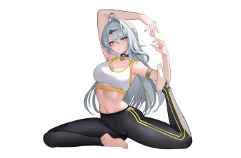 1girl absurdres ahoge arm_up armlet barefoot black_choker black_pants breasts choker cleavage grey_hair hair_intakes hair_ornament highres jewelry jyn_jyn large_breasts midriff navel pants pigeon_pose simple_background solo sports_bra stomach stretching white_background white_sports_bra yellow_eyes yixuan_(zenless_zone_zero) yoga_pants zenless_zone_zero