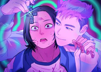 2boys :o @_@ abstract_background black_hair blood blood_on_clothes blood_on_face blood_on_hands bob_cut buzz_cut constricted_pupils cross cross_pendant earrings hand_up hashtag-only_commentary highres holding holding_cross holding_hands hoop_earrings jewelry multiple_boys nam-gyu open_mouth purple_hair short_hair smirk squid_game sweatdrop thanos_(squid_game) upper_body uxjaw9kk7171352 very_short_hair wide-eyed