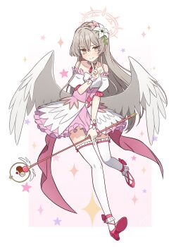 1girl absurdres angel_wings ballet_slippers bare_shoulders blue_archive brown_hair bustier commentary cosplay detached_collar detached_sleeves dress feathered_wings flower frilled_dress frilled_skirt frills full_body gosyamadaiji hair_flower hair_ornament halo highres holding holding_wand long_hair looking_at_viewer magical_girl nagisa_(blue_archive) skirt solo sparkle star_(symbol) suzumi_(blue_archive) suzumi_(magical)_(blue_archive) suzumi_(magical)_(blue_archive)_(cosplay) underbust very_long_hair w wand wings yellow_eyes