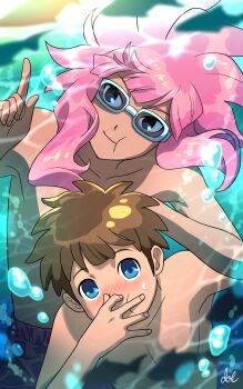 2boys air_bubble blue_eyes blush brown_hair bubble dolustoy goggles highres holding_breath inazuma_eleven inazuma_eleven_(series) long_hair male_focus male_swimwear multiple_boys pink_hair pointing pointing_up sweatdrop swim_trunks swimming tachimukai_yuuki topless_male tsunami_jousuke underwater water