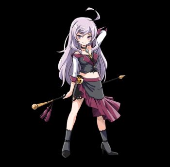 1girl ahoge arm_behind_head arm_up bare_shoulders black_background black_choker black_shoes blush breasts choker closed_mouth collarbone crop_top cropped_jacket full_body grey_socks hair_between_eyes high_heels holding holding_rod holding_weapon large_breasts long_hair long_sleeves luminaria_(merc_storia) merc_storia merc_storia_art_team official_art purple_eyes purple_hair rod shoes simple_background skirt smile socks solo standing tachi-e tsurime weapon