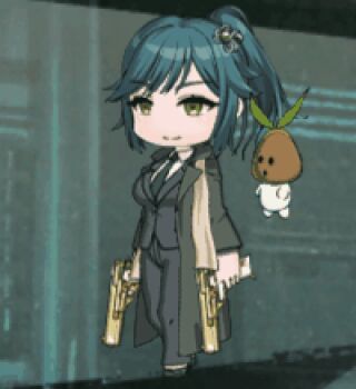 1girl :> alternate_costume animated animated_gif black_lagoon breasts chibi crossdressing crossdressing_(ftm) formal_clothes green_eyes green_hair gun high_ponytail holding holding_gun holding_weapon izumo_kinu large_breasts long_hair looking_ahead official_alternate_costume official_art one_eye_closed pants ponytail scarf shirt smile solo spirit standing suit taimanin_(series) taimanin_rpgx transparent_background weapon white_shirt wide_hips